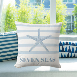 Coussin Bande d'étoiles de mer bleu clair texte côtier