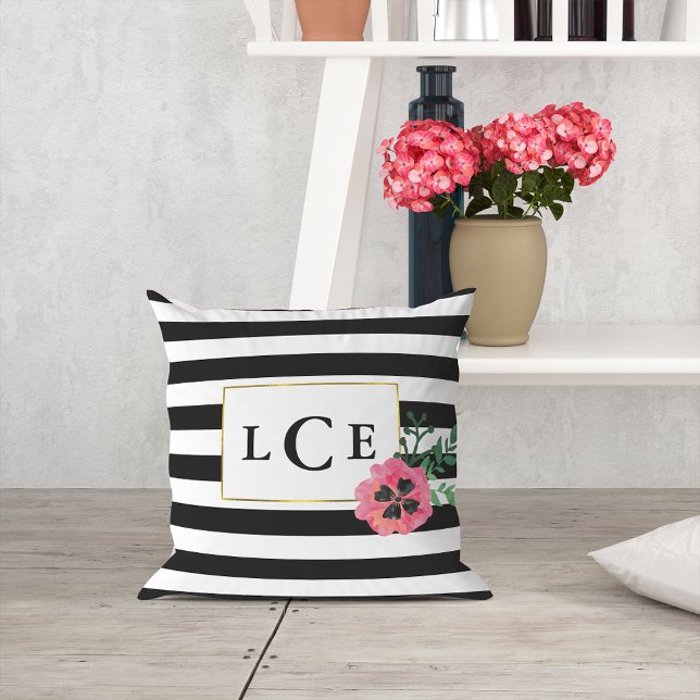 Coussin Bande noire et monogramme floral rose Lisse oreill (Créateur téléchargé)