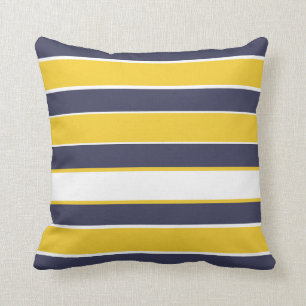 Coussin Bandes horizontales, jaune moutarde, bleu marine, 