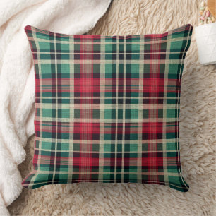 Coussin Bandes Plaid Vert Crème Rouge