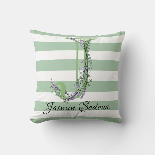Coussin Bandes vertes doux monogramme lavande verdure (Recto)