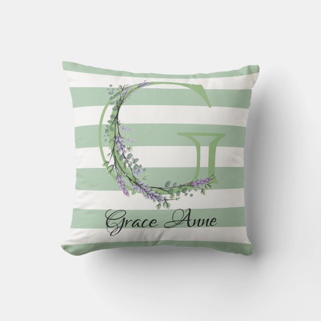 Coussin Bandes vertes doux monogramme lavande verdure (Recto)