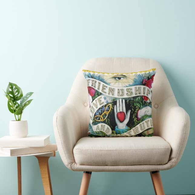 Coussin Bannière Amitié Amour Vérité avec coeurs et mains (Chaise)