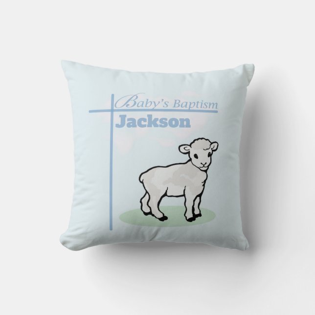 Coussin Baptême Agneau de garçon bleu, personnalisable (Recto)