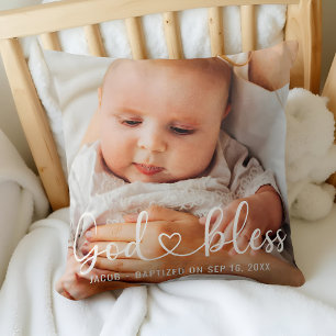 Coussin Baptême Simple Moderne Coeur Photo Bébé