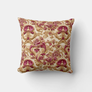 Coussin Baroque Floral Luxueux Or et Bourgogne