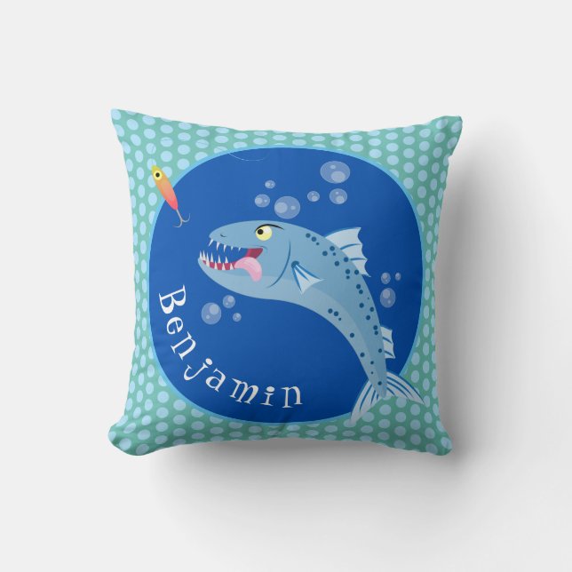 Coussin Barracuda poisson affamé de la pêche dessin animé (Recto)