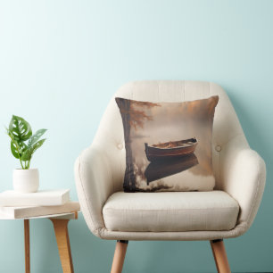 Coussin Bateau à rames en bois sur un lac d'automne