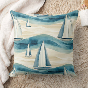 Coussin Bateau à voile bleu moderne motif vague océanique