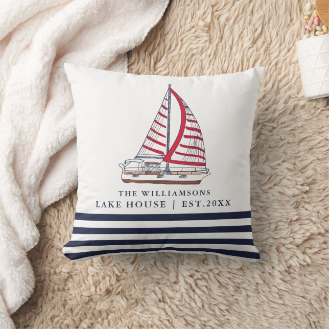 Coussin Bateau bleu bleu blanc personnalisé Maison du lac  (Couverture)