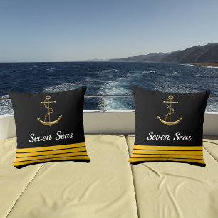 Coussin Bateau de yacht noir or ancre capitaine rayures