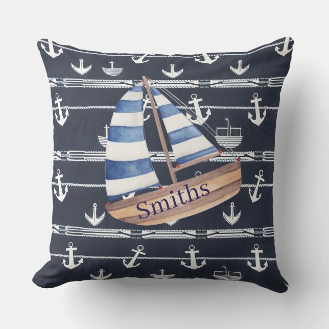 Coussin Bateau nautique et Ancre Marine Bleu (Recto)