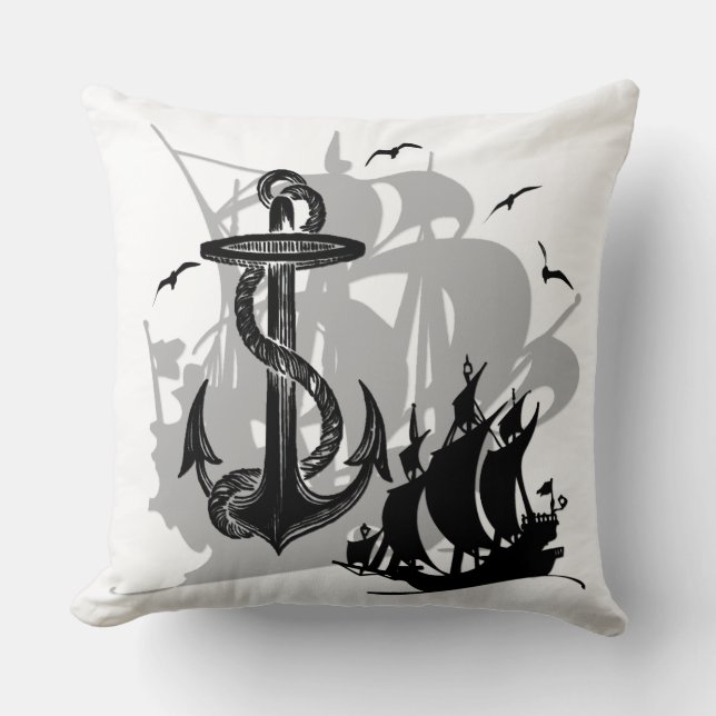 Coussin Bateau pirate et Ancre Noir Silhouette Jeu d'oreil (Recto)