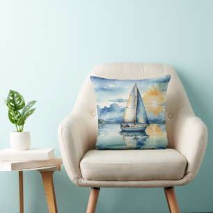 Coussin Bateau Watercolor Sur Le Lac Au Coucher Du Soleil