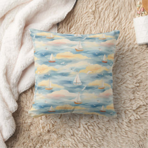 Coussin Bateaux à voile de rêve Motif d'aquarelle océaniqu