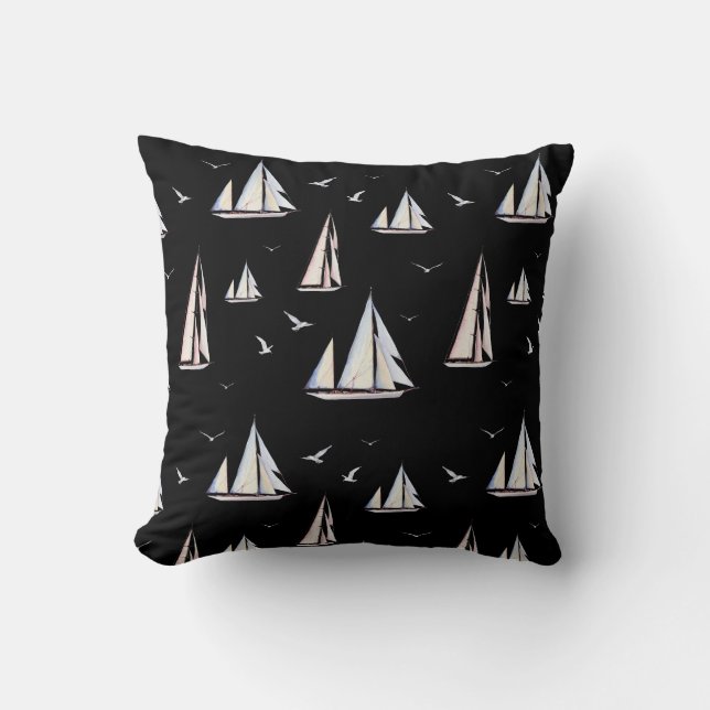 Coussin Bateaux à voile et mouettes sur le noir (Recto)