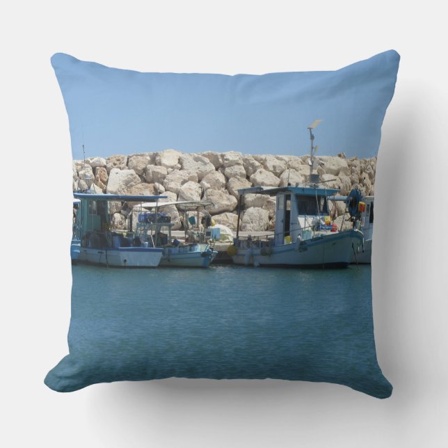 Coussin Bateaux de pêche méditerranéens en Blue Sea Design (Recto)