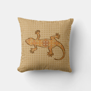 Coussin Batik tribal Gecko - rouille, ambre et bronze