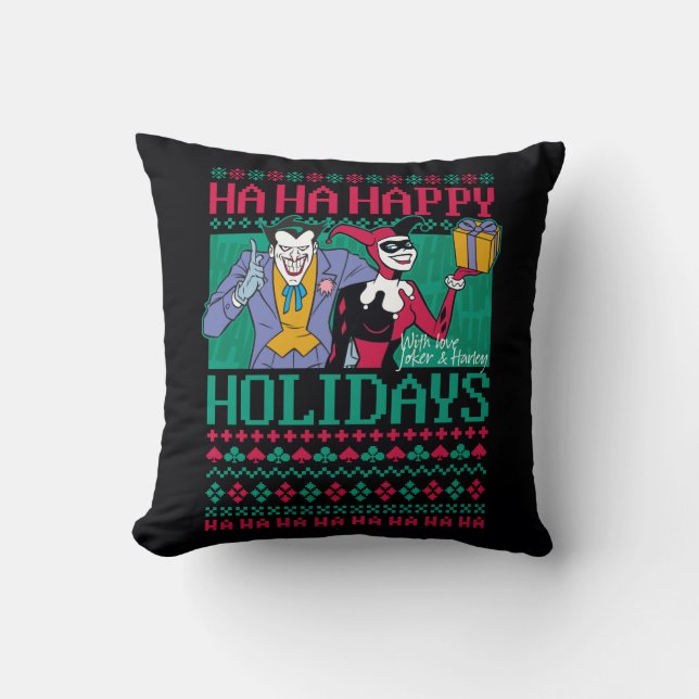 Coussin Batman | Joyeuses fêtes Joker & Harley Quinn (Recto)