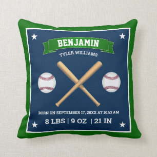 Coussin Bâtons de baseball verts et bleus et statistiques 