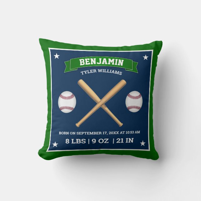 Coussin Bats et balles de baseball verts et bleus Statisti (Recto)