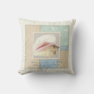 Coussin Beach House Bois Board Conch Shell Seahorse
