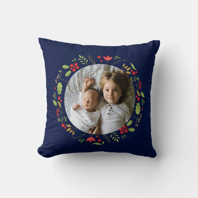 Coussin Beau Bleu Botanique Photo personnalisée Noël (Recto)