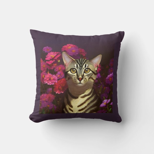 Coussin Beau chat égyptien Mau dans un jardin de nuit (Recto)