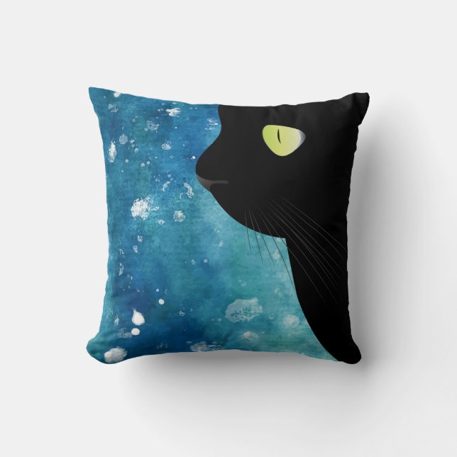 Coussin Beau chat noir dans le carreau bleu d'aquarelle (Recto)