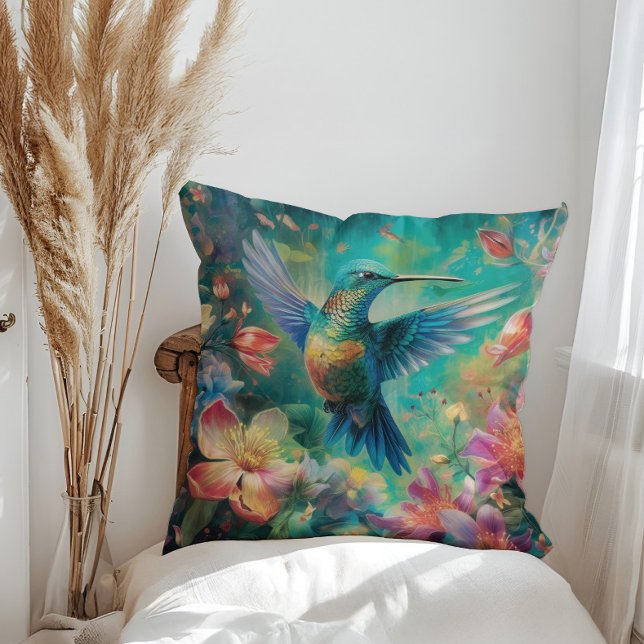 Coussin Beau colibri entouré de fleurs (Créateur téléchargé)