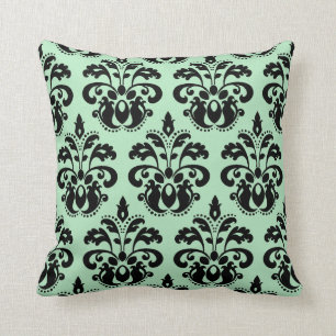 Coussin Beau motif en bon état de damassé verte et noire