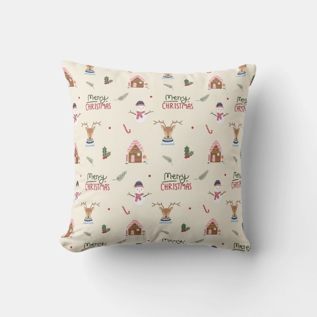 Coussin Beau Noël Reindeer Snowman Motif Whimsical (Recto)