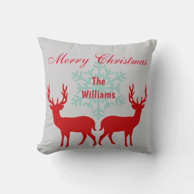 Coussin Beau renne Joyeux Noël Argent et Rouge (Recto)
