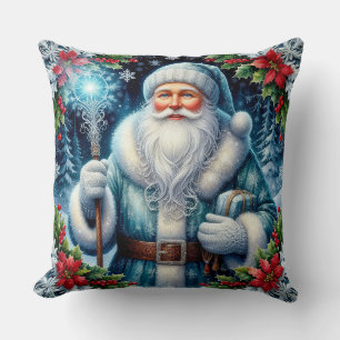 Coussin Beau Santa vêtu de bleu avec des décorations hiver