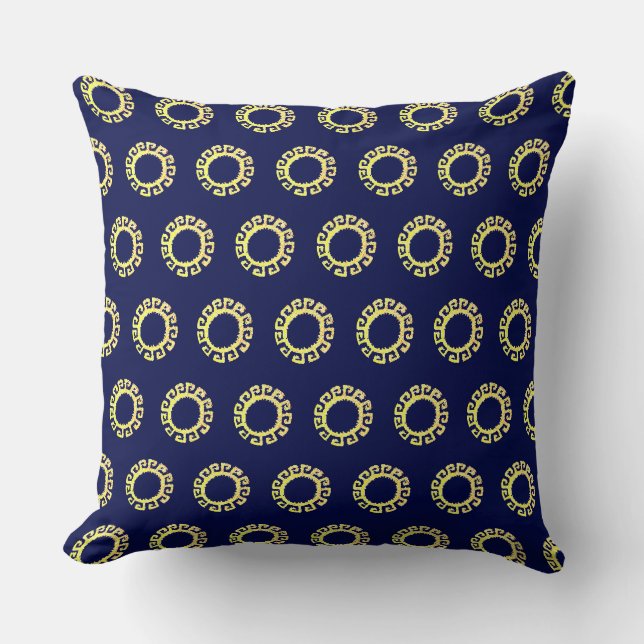 Coussin Beau soleil inca jaune sur bleu marine (Recto)