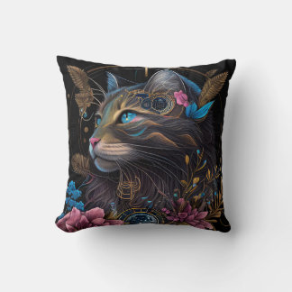 Coussin Beau steampunk Maine Coon avec fleurs IA art