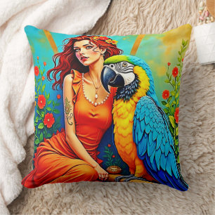 Coussin Beauté tropicale et design de perroquets bleus