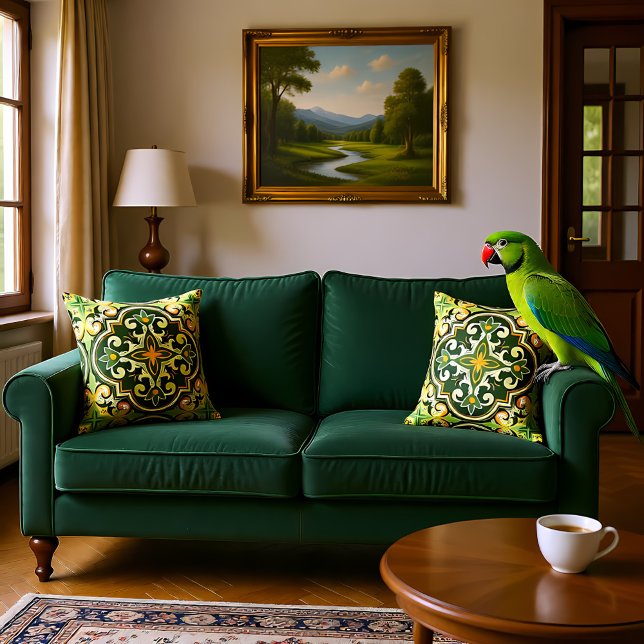 Coussin 💚 Beautiful olive et Yellow Azulejos (Beautiful olive and yellow Azulejos Throw Pillow)