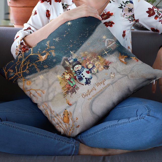 Coussin Beaux animaux, Enfants bleu Noël (Cute Animals, Kids Christmas blue Throw Pillow)