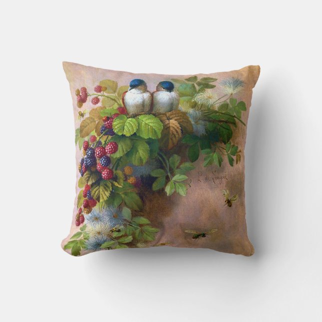 Coussin Beaux-arts d'abeilles et de baies d'oiseaux (Recto)