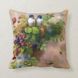 Coussin Beaux-arts d'abeilles et de baies d'oiseaux