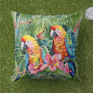 Coussin Beaux perroquets colorés et fleurs tropicales