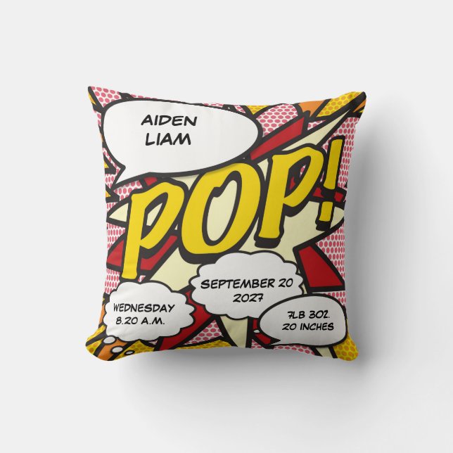 Coussin Bébé Birth Stats Comics Livre Pop Art Keepsaké (Recto)