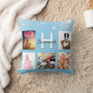 Coussin Bébé bleu argent parties scintillant photo nom col