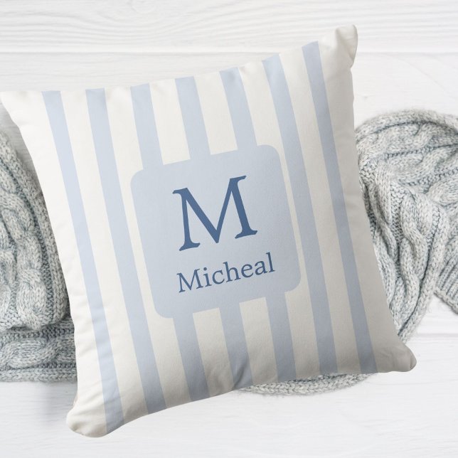 Coussin Bébé Bleu Stripes Garçon Monogramme Classique (Créateur téléchargé)