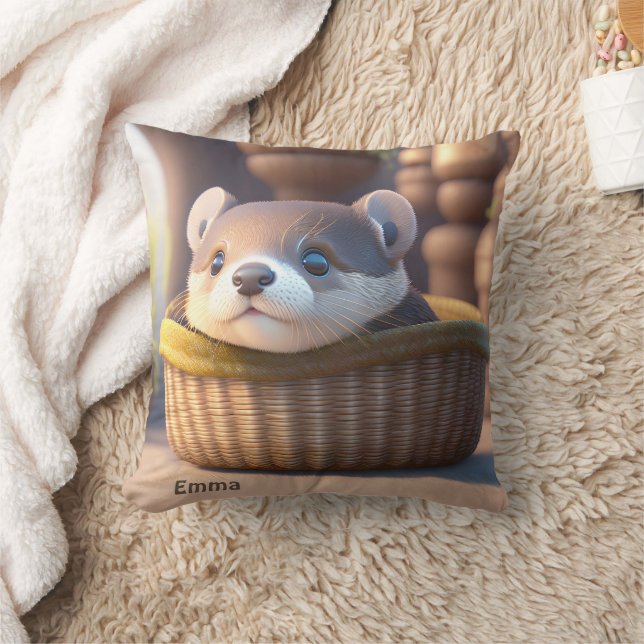 Coussin Bébé de loutre mignonne dans un panier - personnal (Couverture)