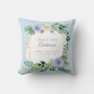 Coussin Bébé fille  Birth Stats Watercolor Blue Floral A
