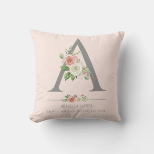 Coussin Bébé Fille Monogram   Statistiques de Naissance Cœ