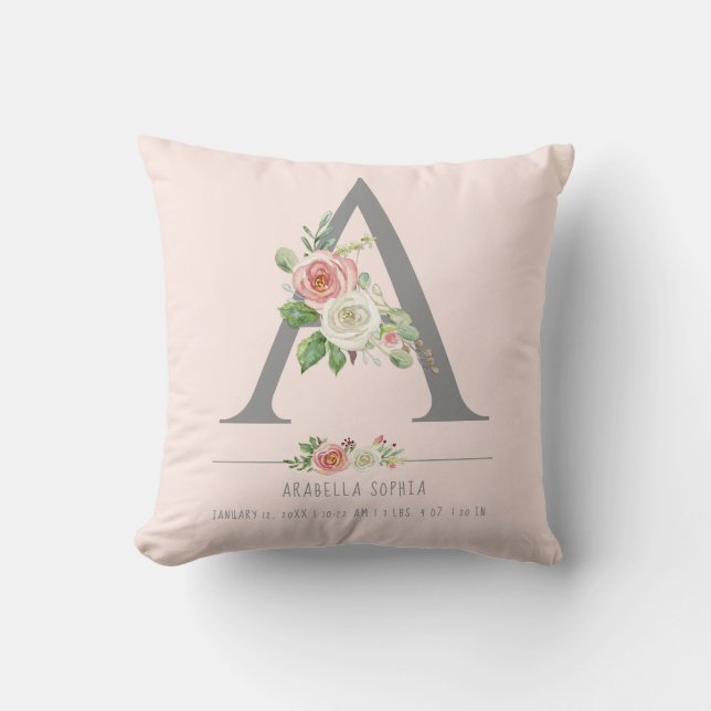 Coussin Bébé Fille Monogram | Statistiques de naissance Cœ (Recto)