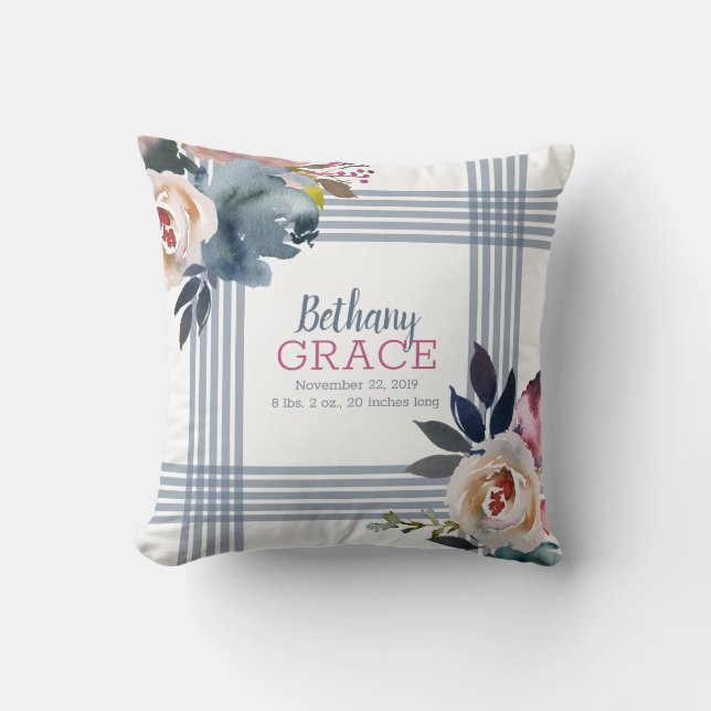 Coussin Bébé fille Nursery bleu rose aquarelle Floral (Recto)
